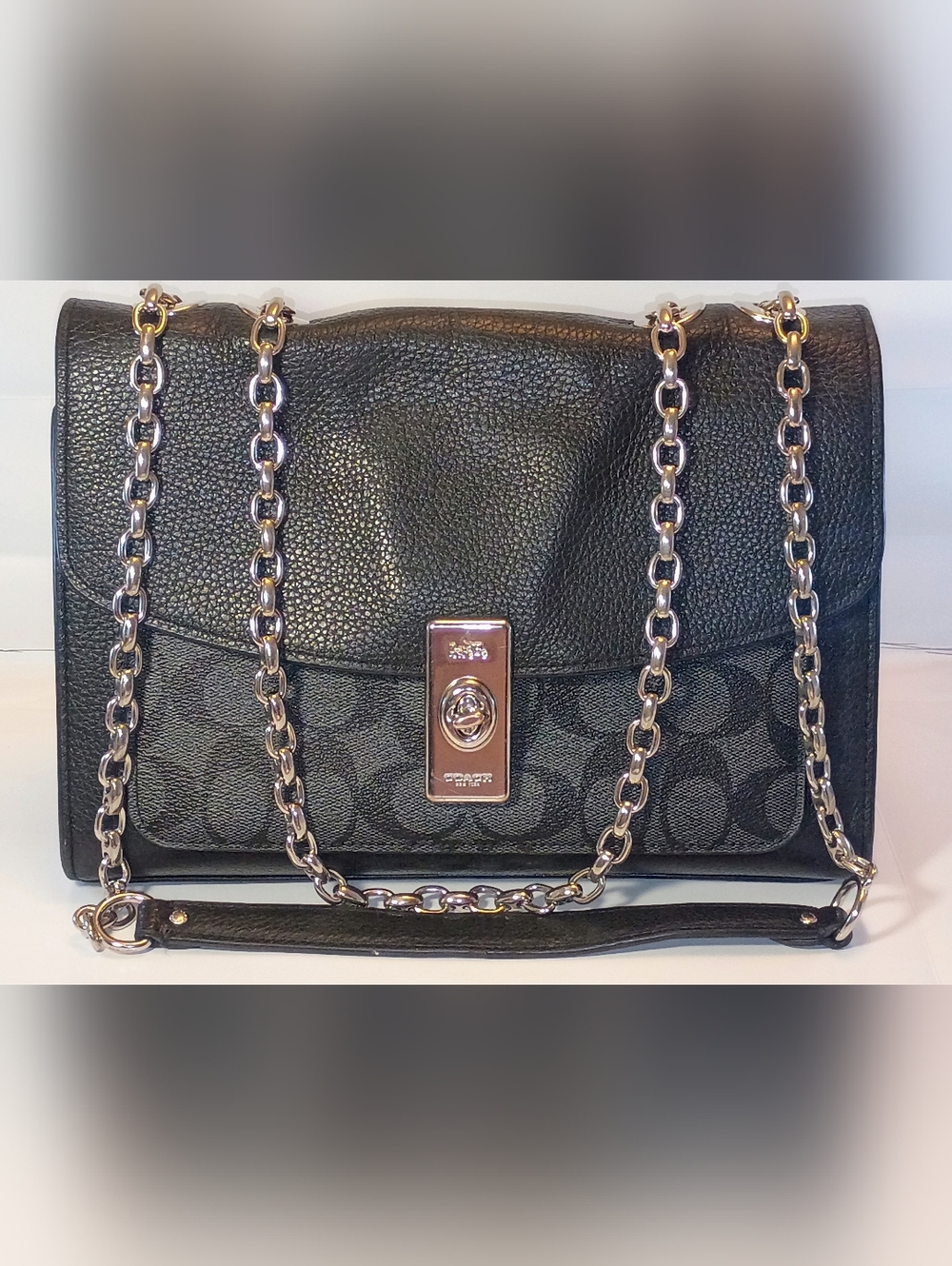 Coach Lane Signature Canvas & Pebbled Leather Chain Shoulder Crossbody Bag Black